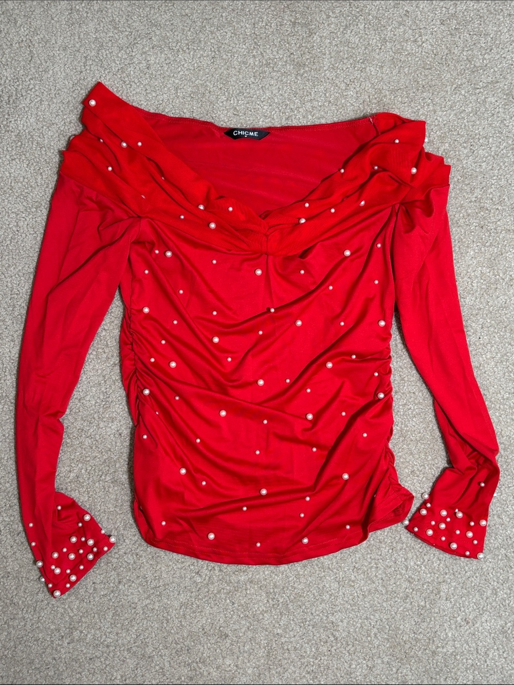 Red Pearl-Accent Long Sleeve Blouse